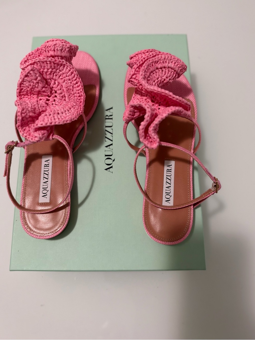 Aquazzura Pink Ruffle  Ankle-Strap Flat Sandals